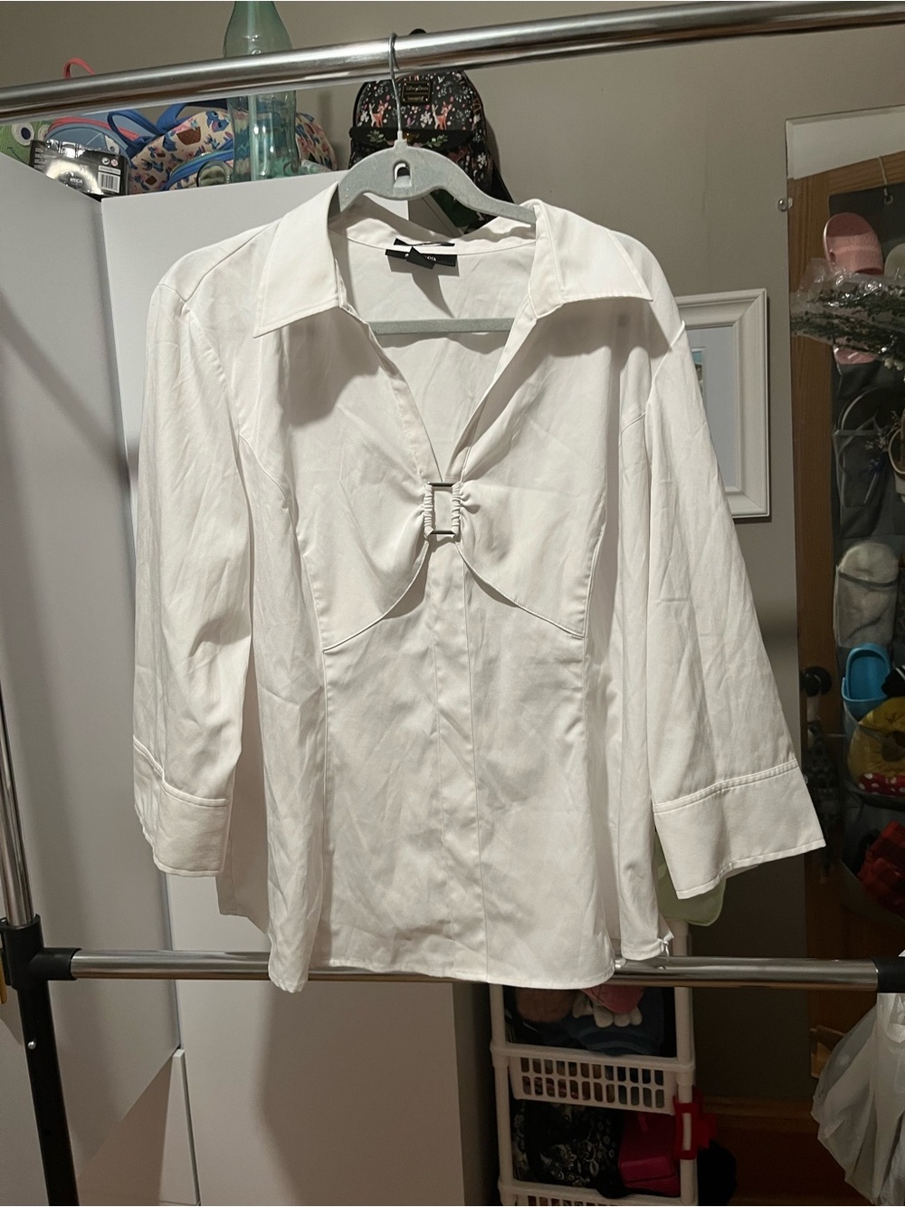 Women's White Cutout Collared Top with Front Buckle